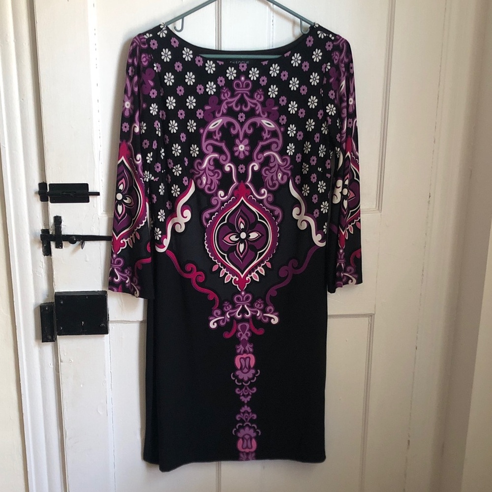 Enfocus Studio Black Dress with Pink and Purple Floral Medallions